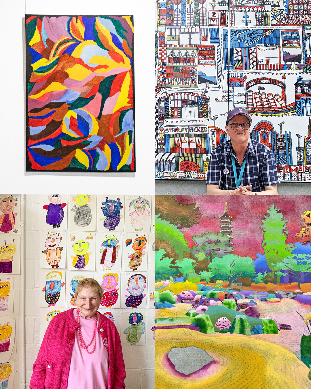 A collage of four images featuring various abstract, colourful artworks. A male and female artist pose in front of their work.