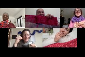 Zoom image of five people holding up their knitting and sewing