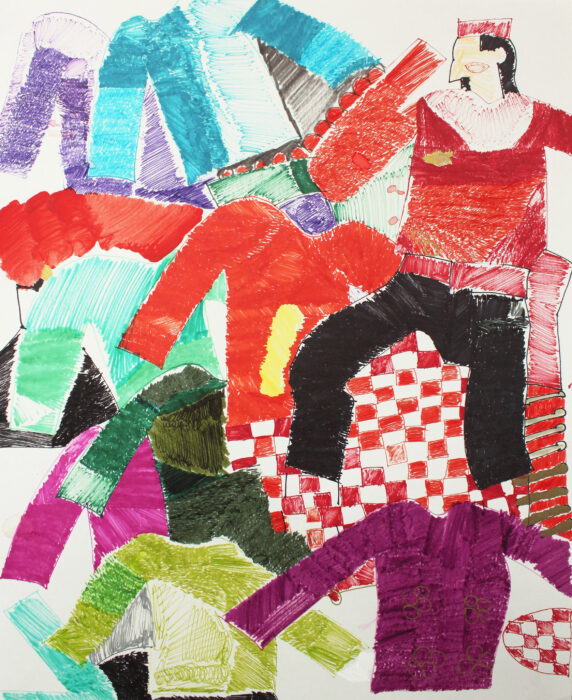 Hand drawn artwork of colourful jumpers