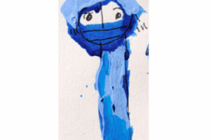 Detail of a blue drawing of a figure by Roland Young
