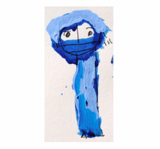 Detail of a blue drawing of a figure by Roland Young