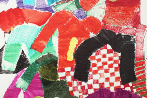 Pen drawing by thomas Owen of layered colourful jumpers