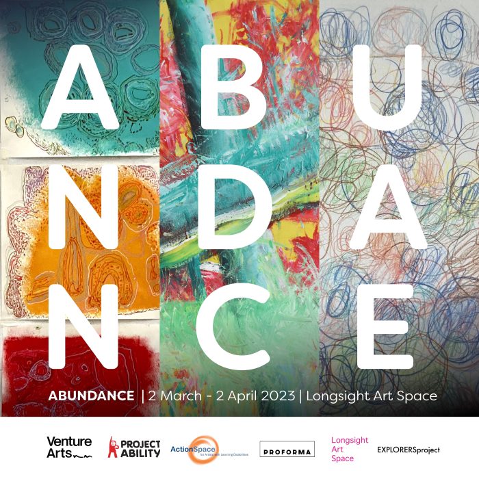 Abundance exhibition image is divided into three verticle panels displaying a section of abstract artworks by the artists exhibiting. The title Abundance is written across these images.