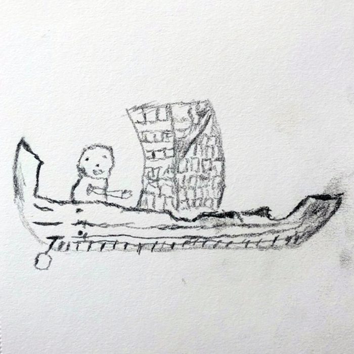 Pencil drawing by Adam Crown of a person rowing a sailing boat. Inspired by an object in the British Museum collection.