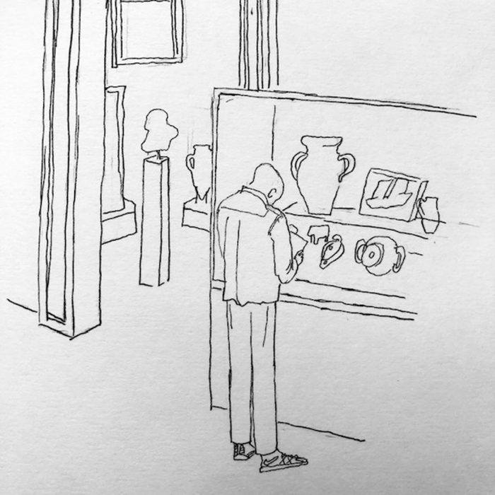 A study of Adam drawing at the British Museum by Pia Bramley.