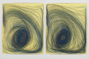 Two large drawings by Nnena Kalu on yellow paper