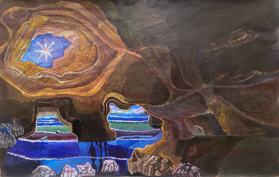 A painting of a cave by Immanuel Adelowo. The cave is painted in shades of brown. To the left there are arches or gaps in the cave, revealing glimpses of a seascape and the sky outside.