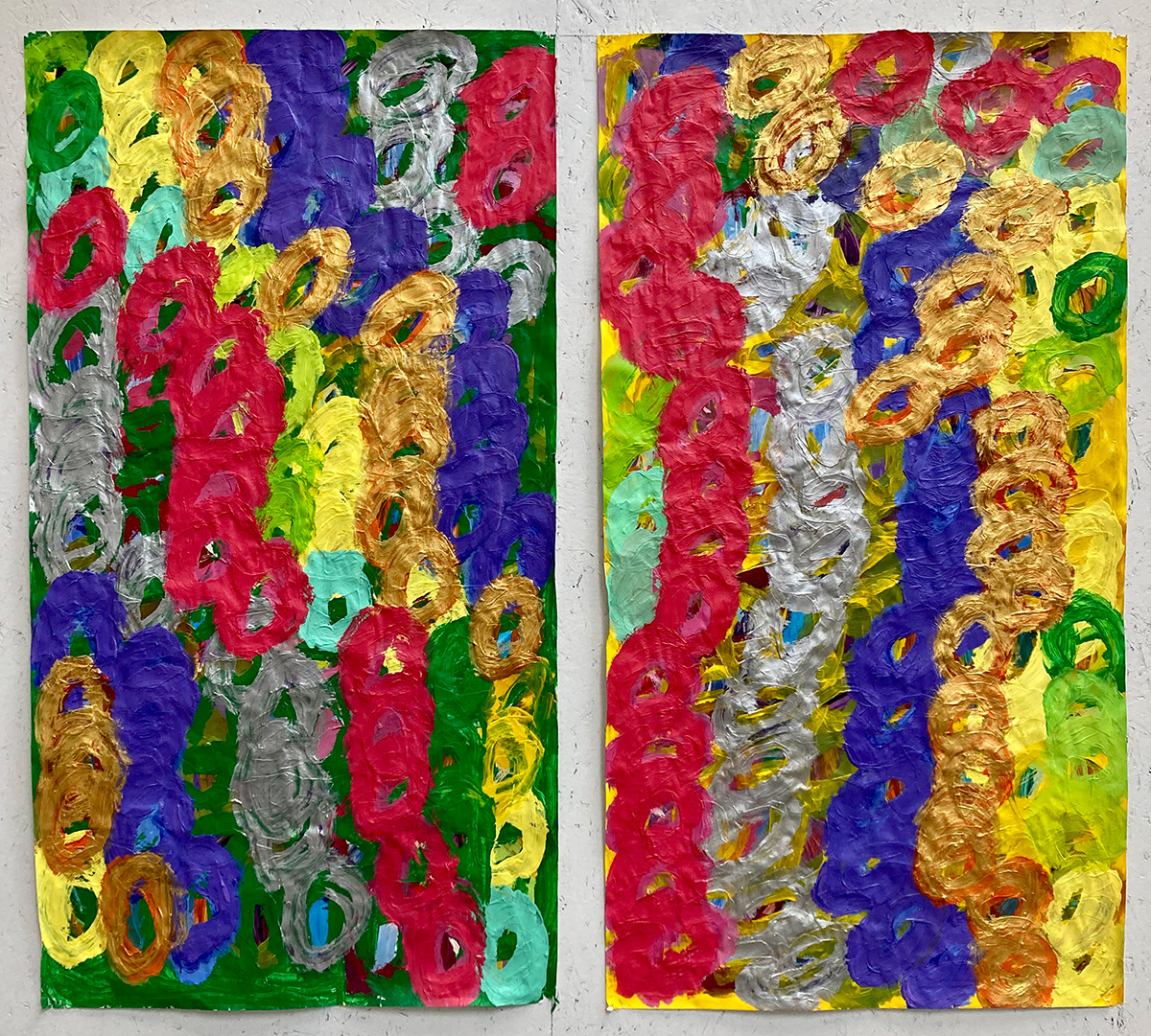 Two abstract paintings made up of circular forms in shifting collumns.