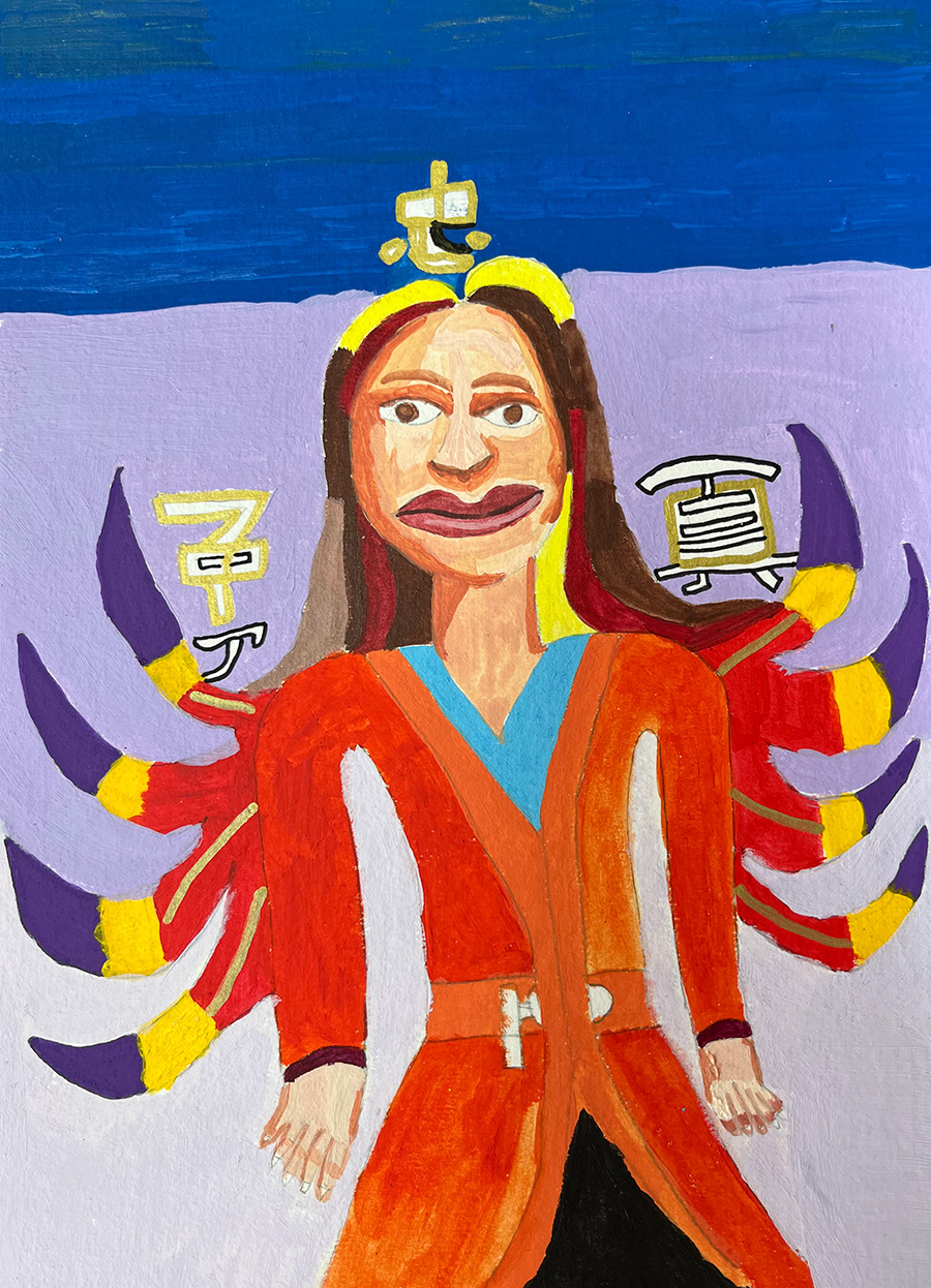 Acrylic painting of Ophir, imagining herself as the Disney character Mulan.