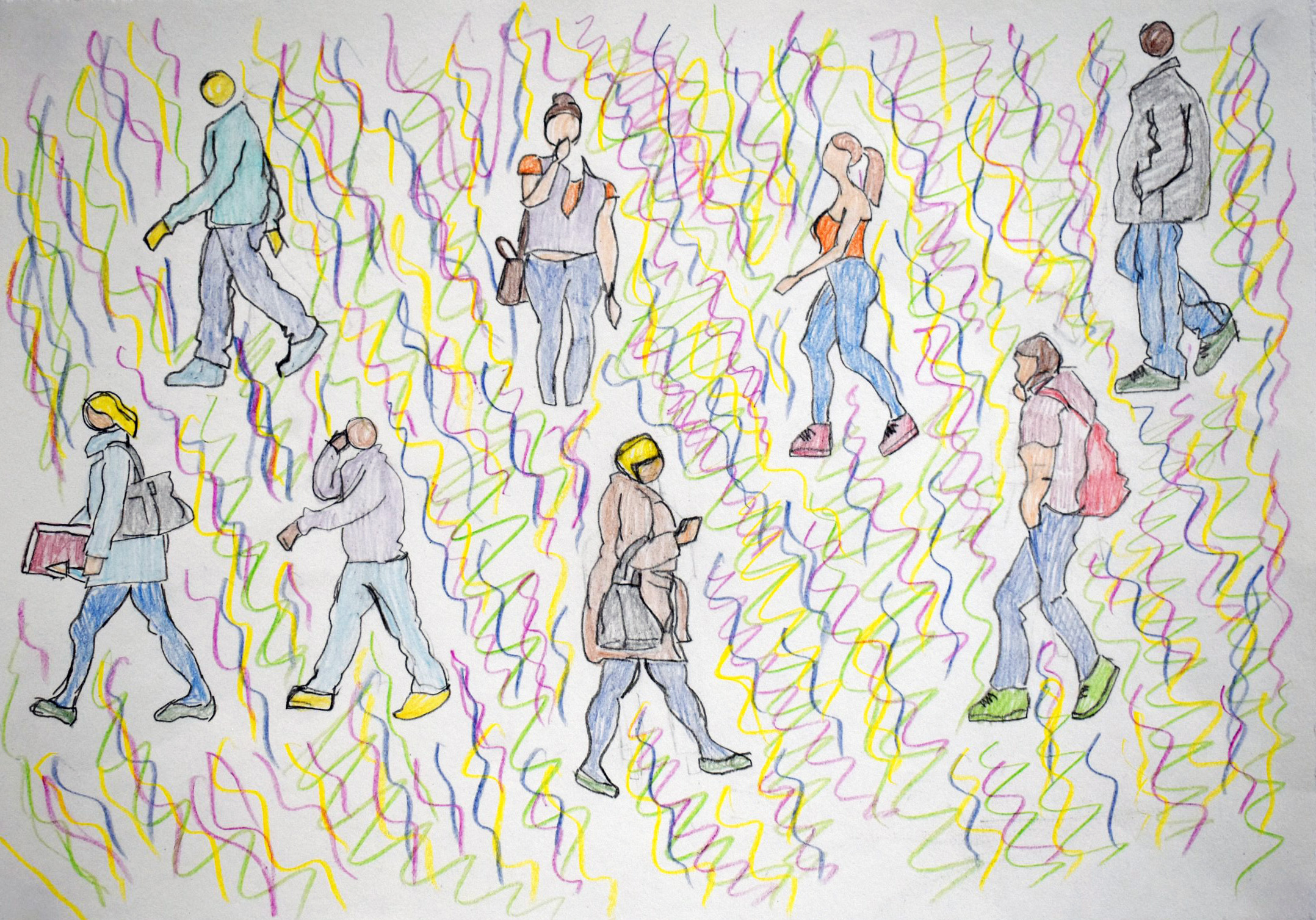 Abstract drawing on white paper and coloured pencil. Individual, graphic figures suspend on the paper seperated by wiggly, colourful brushstrokes.