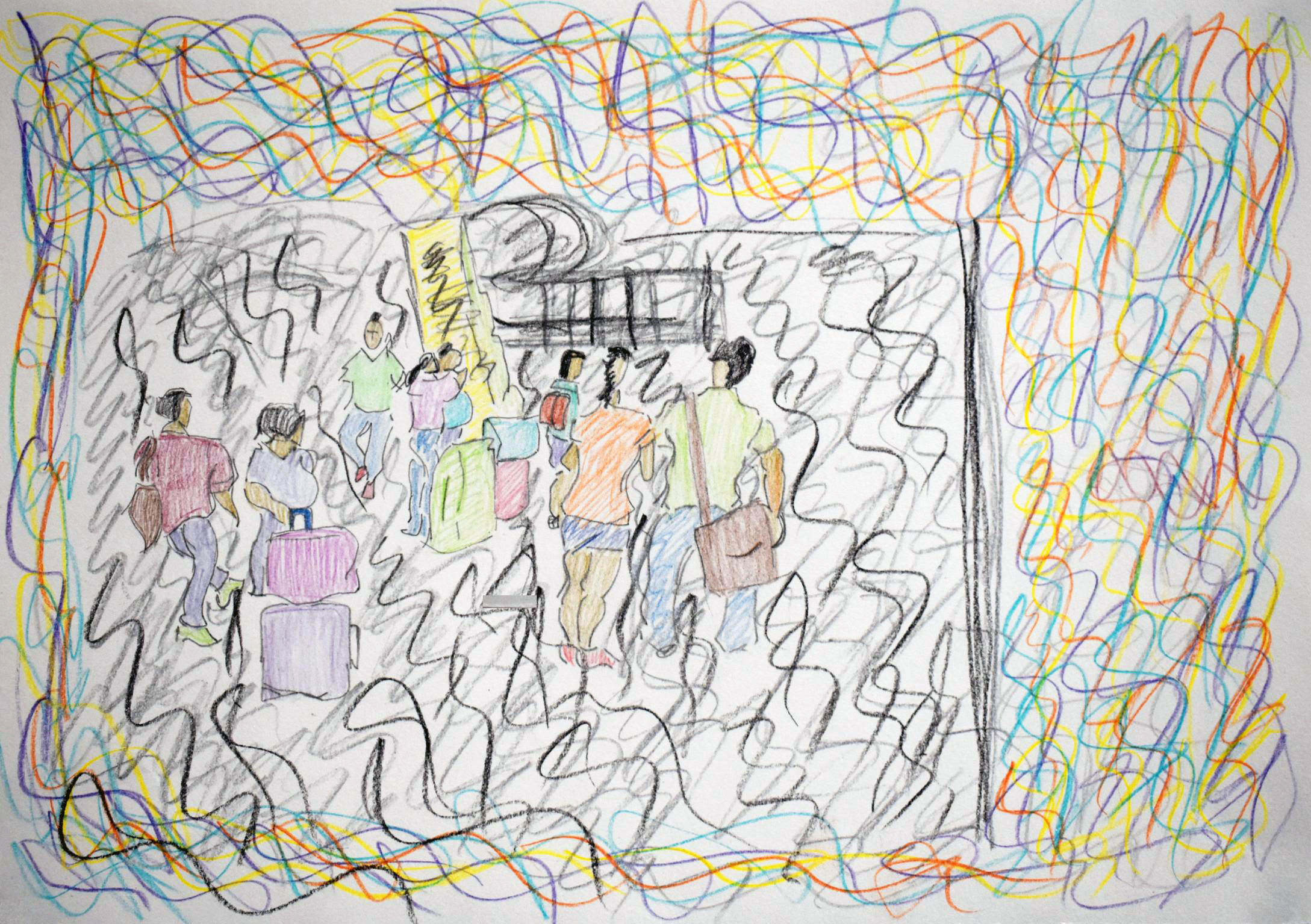 Abstract drawing on white paper and coloured pencil. Faceless figures float in partial landscape with wiggly brushstrokes surrounding.