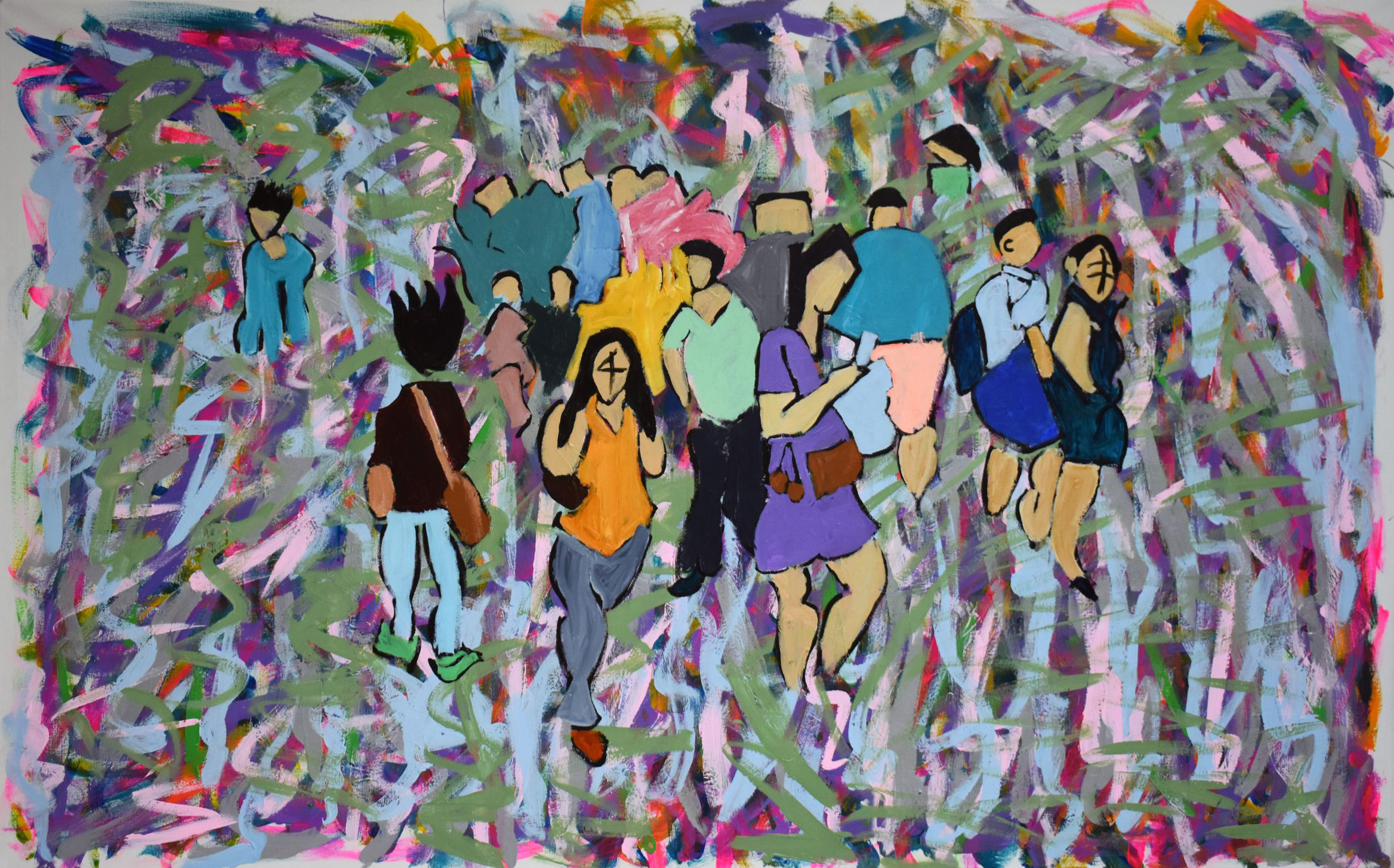 Abstract acrylic painting with faceless figures in the centre, colourful, wiggly brushstrokes surround.