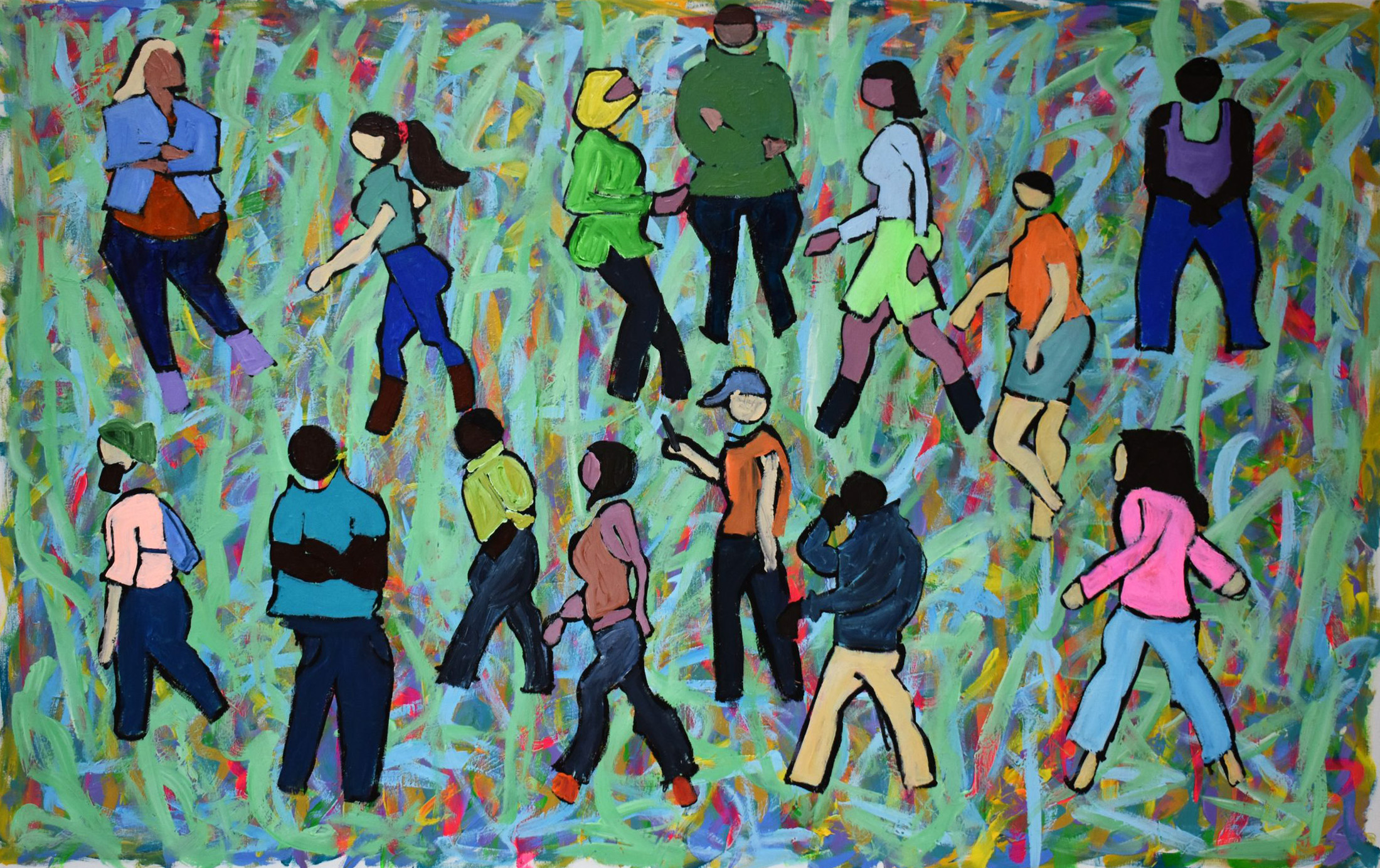 Abstract acrylic painting with graphic figures on canvas. The figures are suspended amongst wiggly, colourful, brushstrokes.