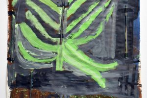 A small, abstract, portrait painting. A large, bright green, leafy plant bursts through dark brown and blue. One thin, long stick is taped horizontally across the bottom and another vertically to the right.
