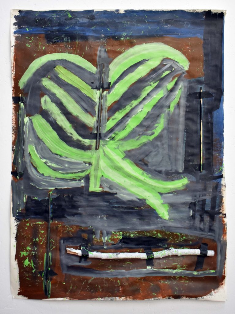A small, abstract, portrait painting. A large, bright green, leafy plant bursts through dark brown and blue. One thin, long stick is taped horizontally across the bottom and another vertically to the right.