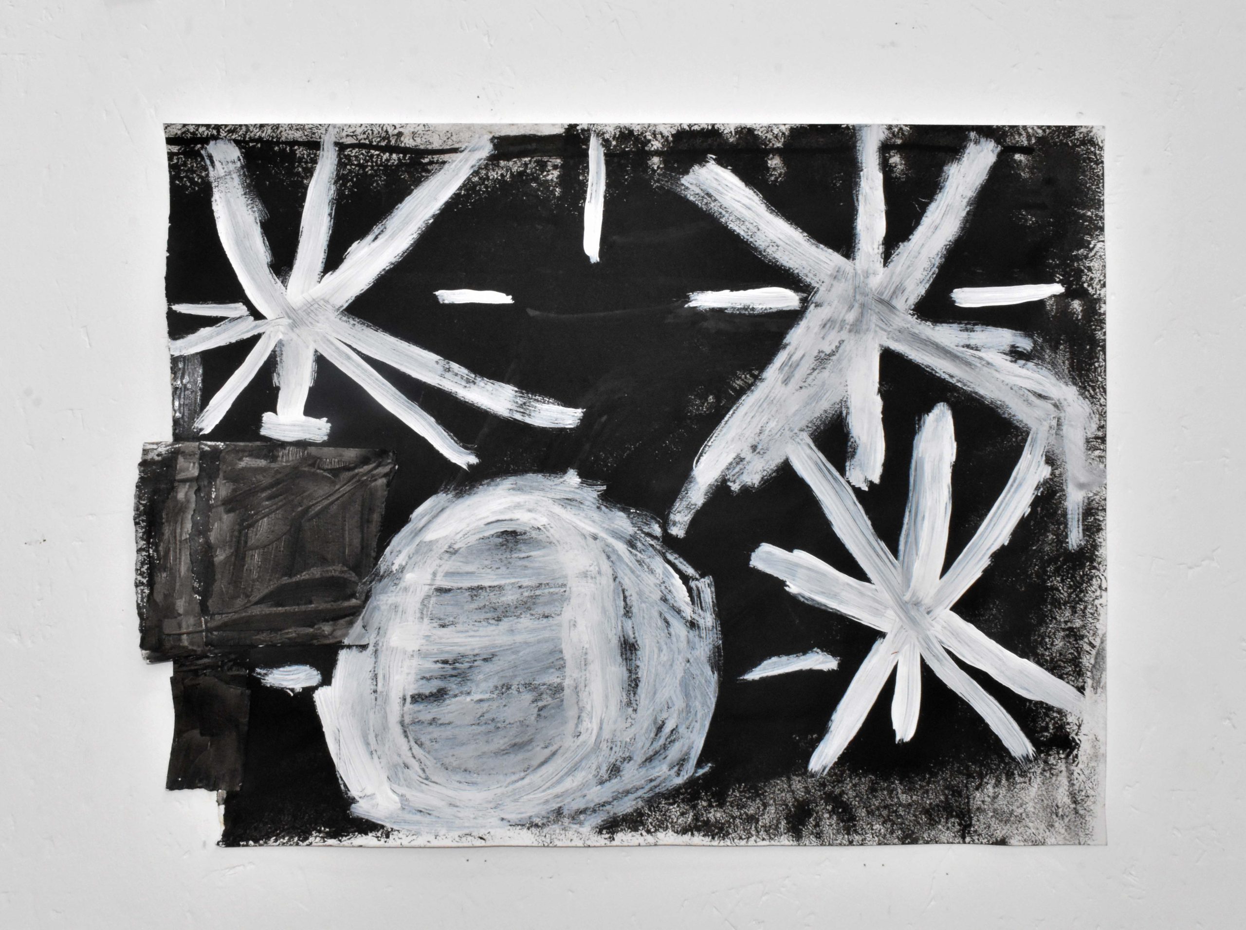A small, rectangle painting in black and white acrylic. Large, gestural star shapes burst through black sky amongst a round, full moon.