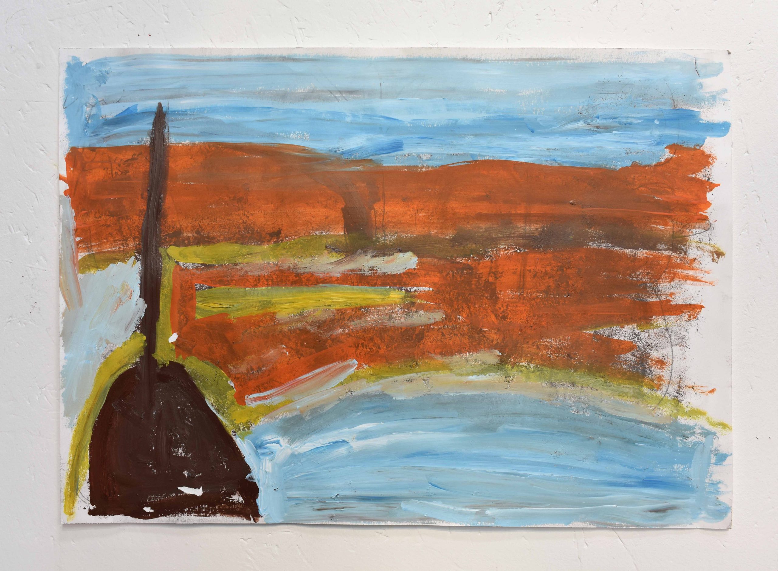 An image of a small, rectangle, abstract painting. Loose, gestural, orange, yellow, and blue suggest a sky. A black form emerges to the left.