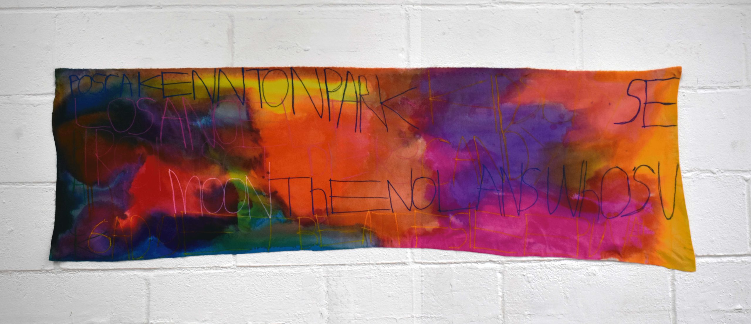 Multicoloured inks on fabric with text written across in landscape on white wall.