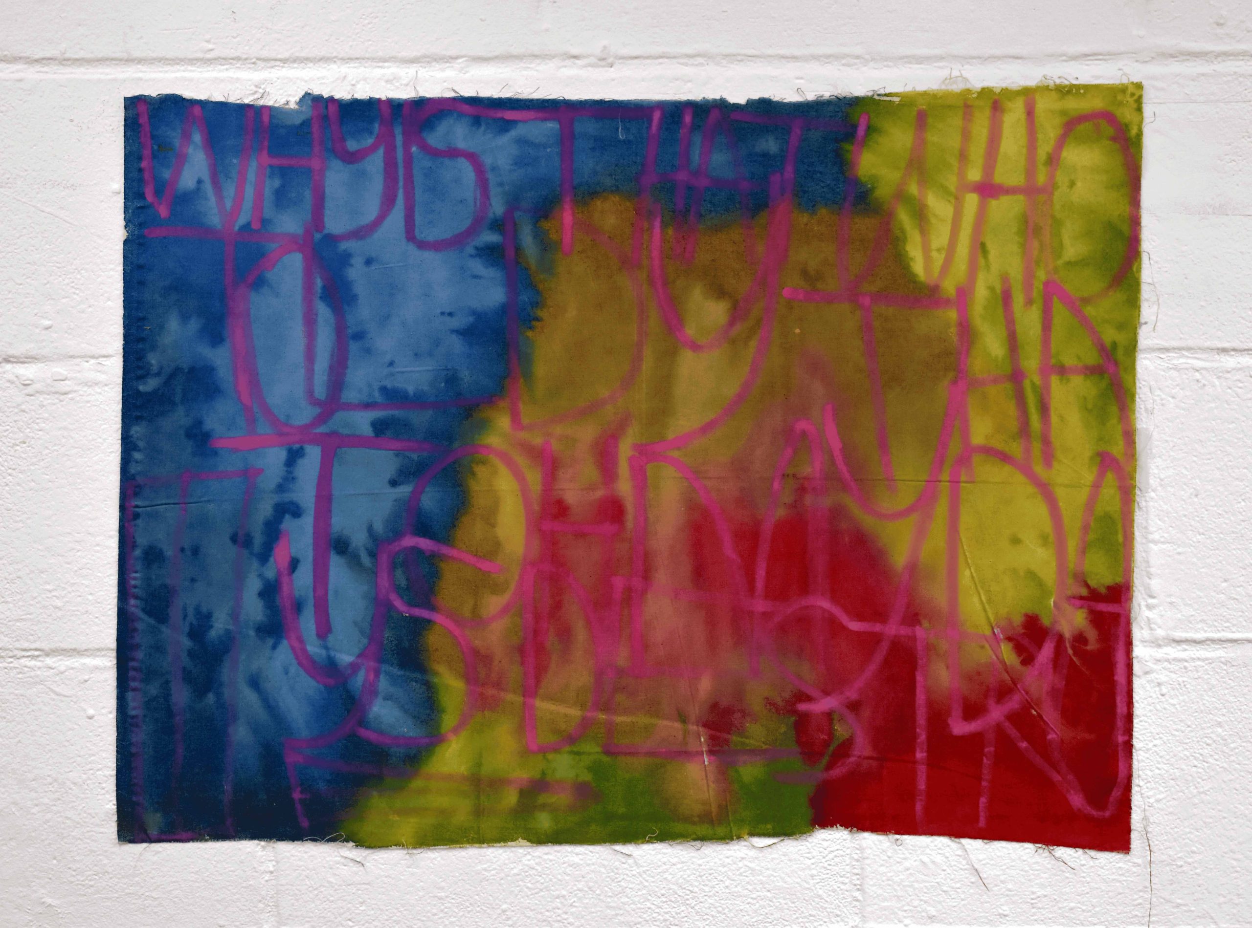 Muddy blue, brown, green, red, and yellow ink merge on a fabric artwork. Text written in red marker pen layers on top. 