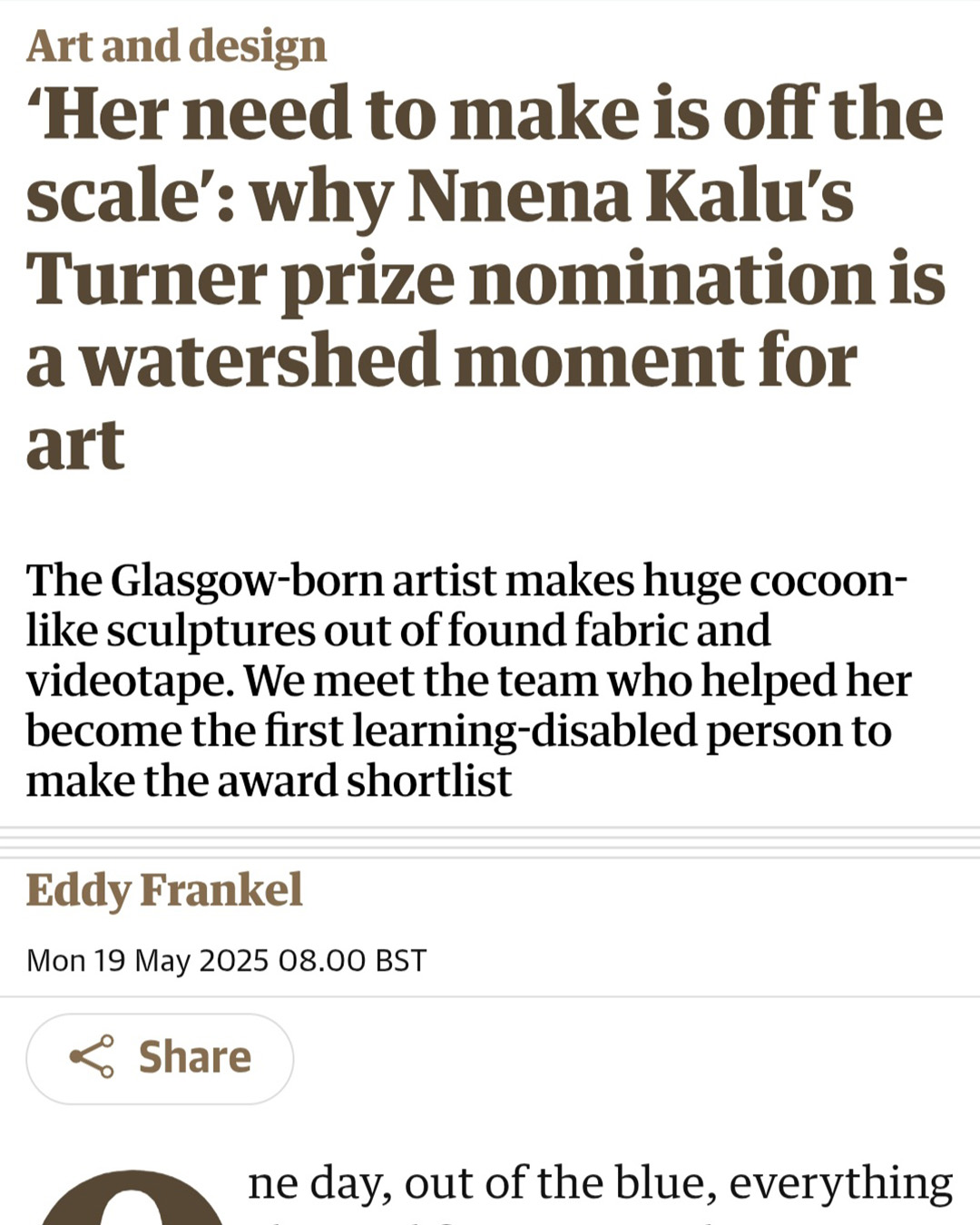  A screenshot of an article’s heading, subheading, first line of text, author, date, and category. A mix of brown and black, formal font against a white background arranged evenly. 