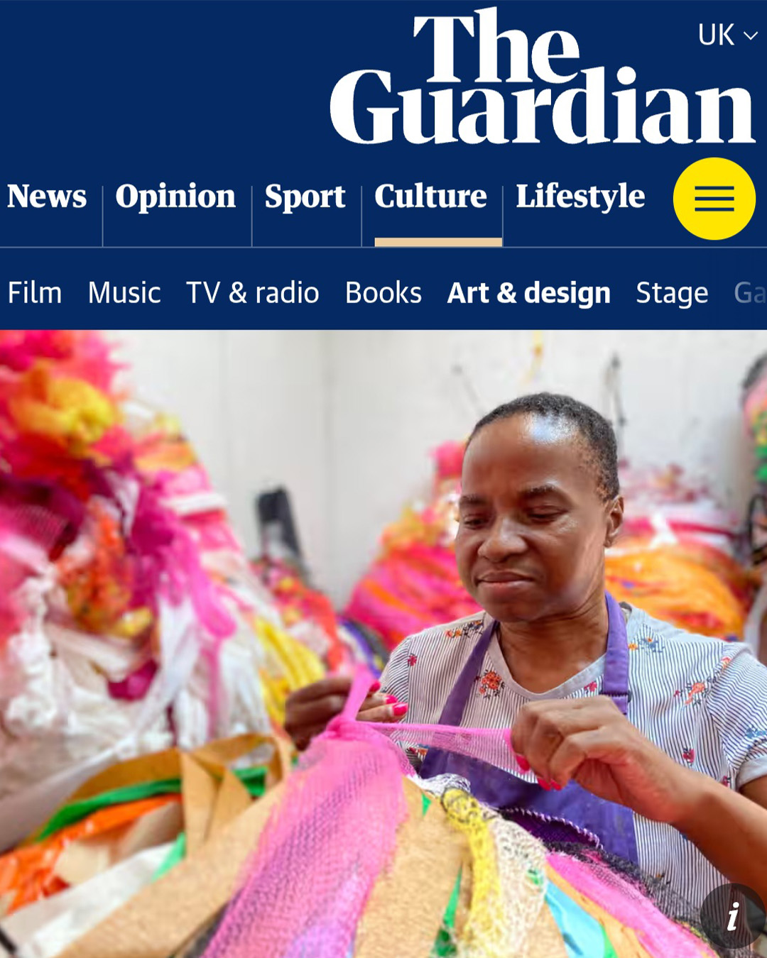 A screenshot of an article displaying The Guardian publisher logo in white text against a blue background. A lead image of a black, female artist working on a mixed media sculpture.