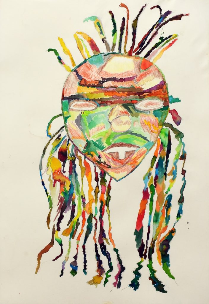 Ink and pencil on white paper depicting an ogoni mask in a semi abstract, colourful fashion.