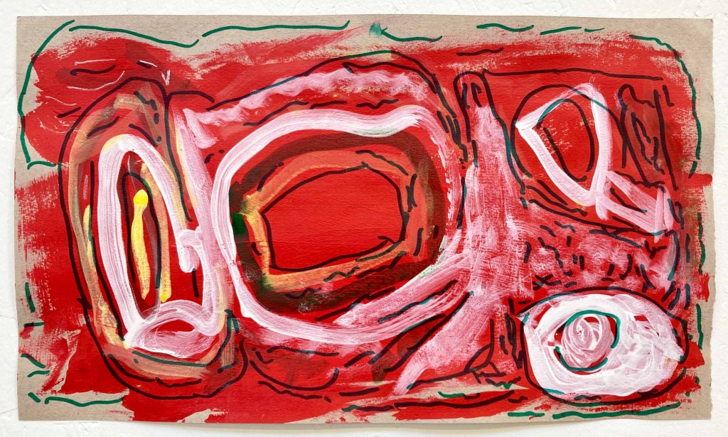 Red, white, yellow, and black markings and swirls of paint on brown paper.