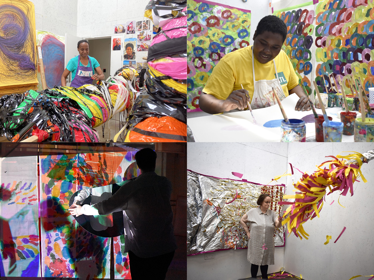 A collage of four images capturing artists of various mediums including painters, live artists, sculptors, and performers.