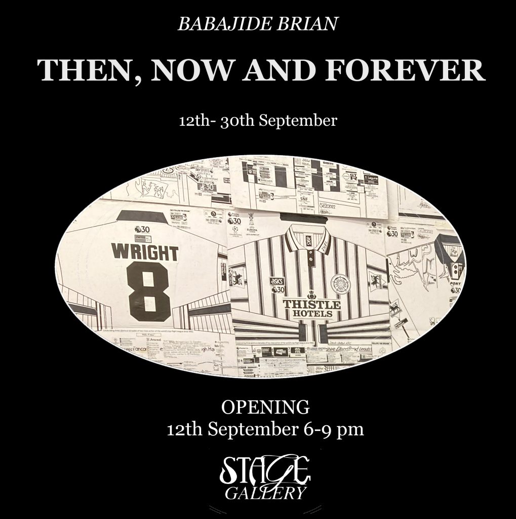 A monochrome exhibition poster with white text on black background. In the centre is an oval shape of various football shirt drawings.
