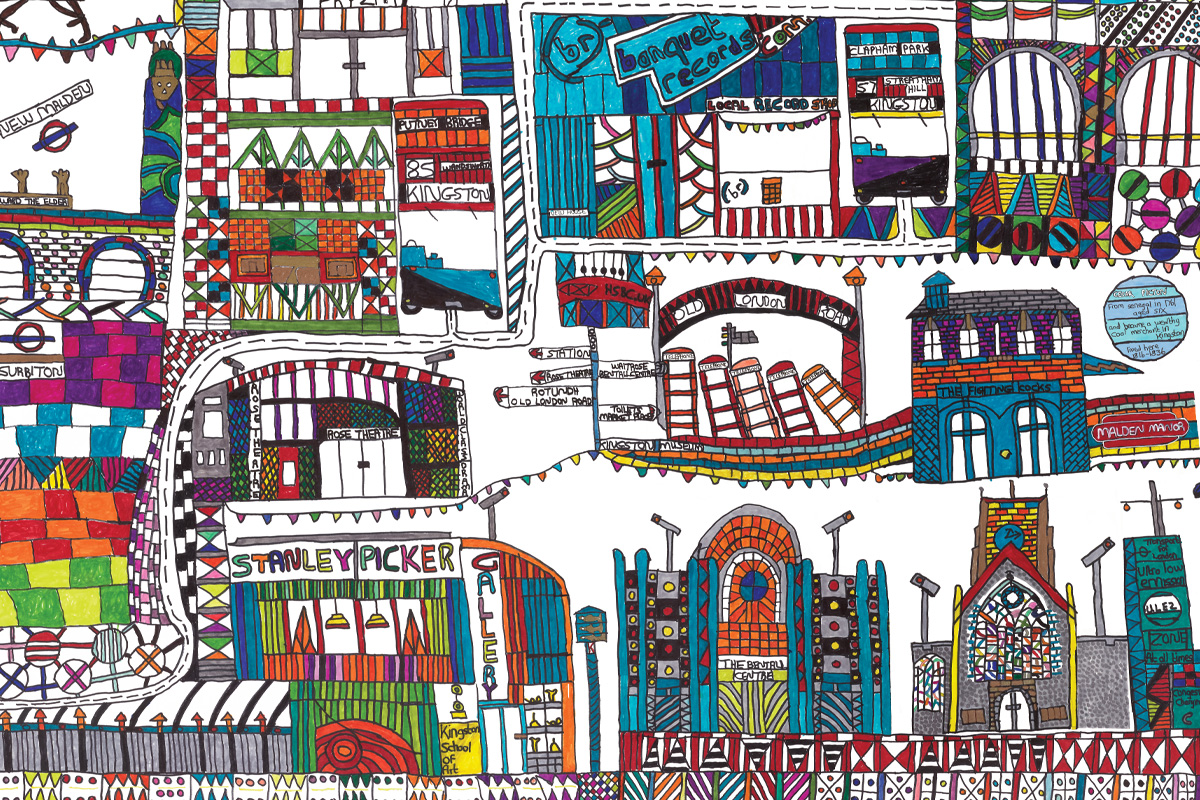 A close up of a detailed enamel illustration in colour on white, featuring archietcture and symbols of Kingston.