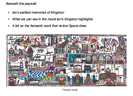 Screenshot of a digital blog about artist Ian Wornast's London mural, including text and an image of the full mural.