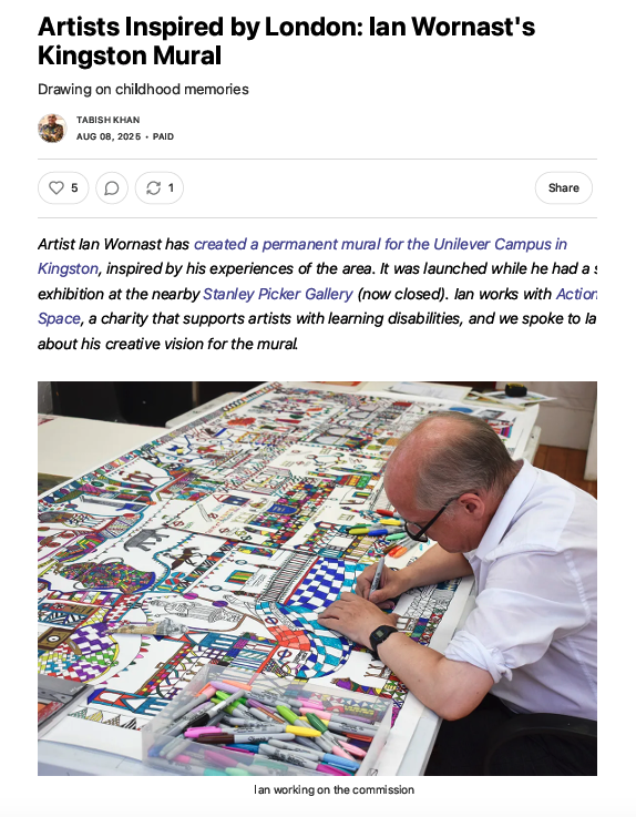 Screenshot of a digital blog about artist Ian Wornast's London mural, including text and an image of the male artist working on it.