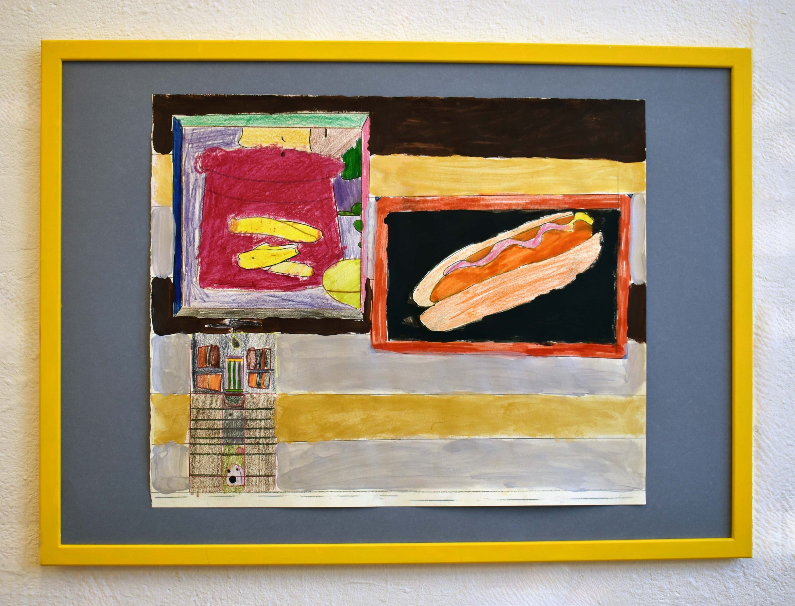 A small landscape drawing in coloured pencil with two squares picturing a floating hot dog and saucepan. Outside of the squares are vertical panels of colour and abstract shapes.
