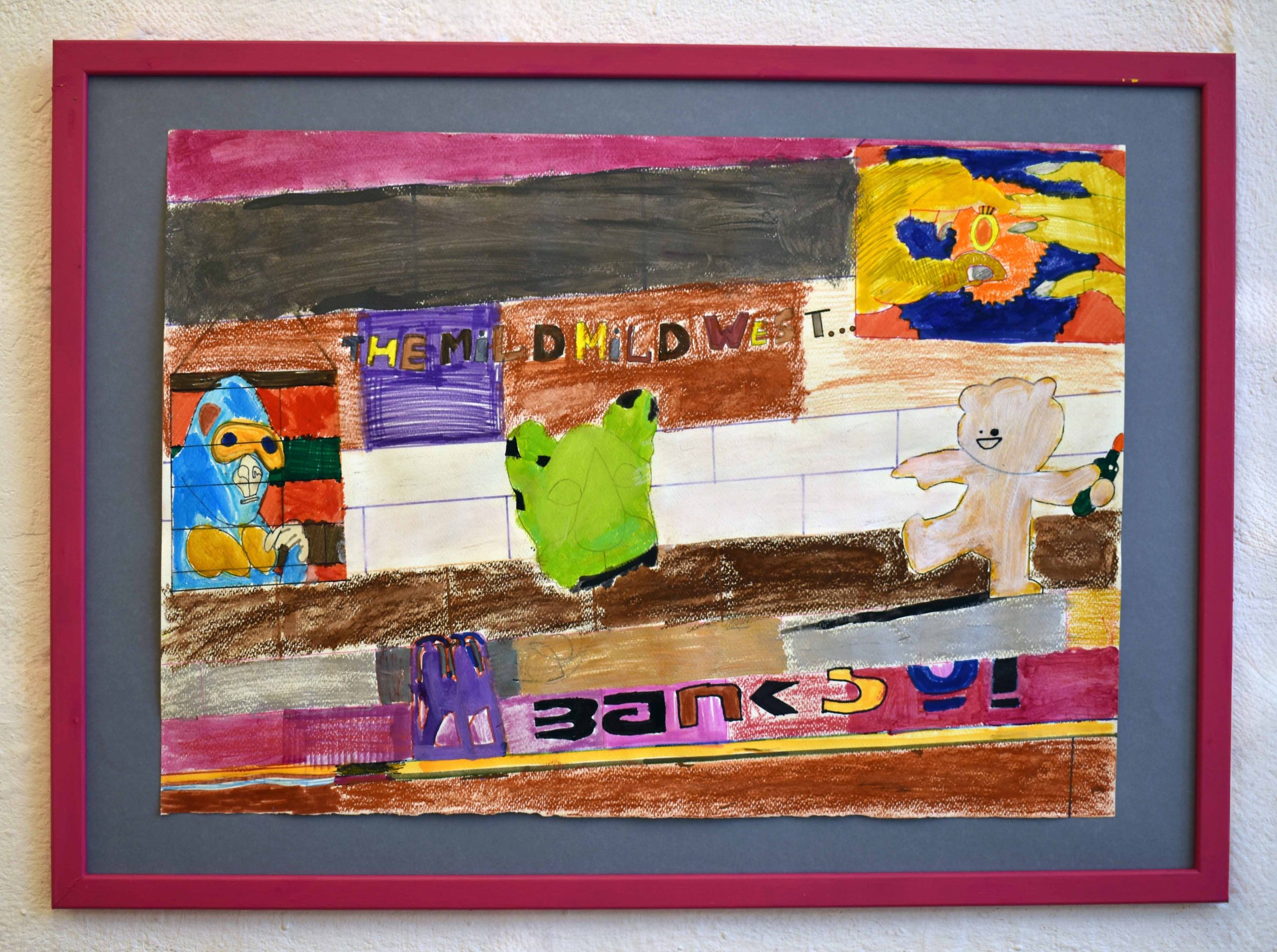 A surreal drawing in coloured pencil of horizontal panelled colours, floating surreal characters and shappes.