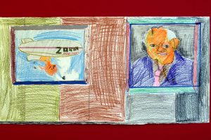 A small landscape drawing in coloured pencil with two squares picturing an aeroplane in flight and a balding man in a purple suit. Outside of the squares are vertical panels of colour.