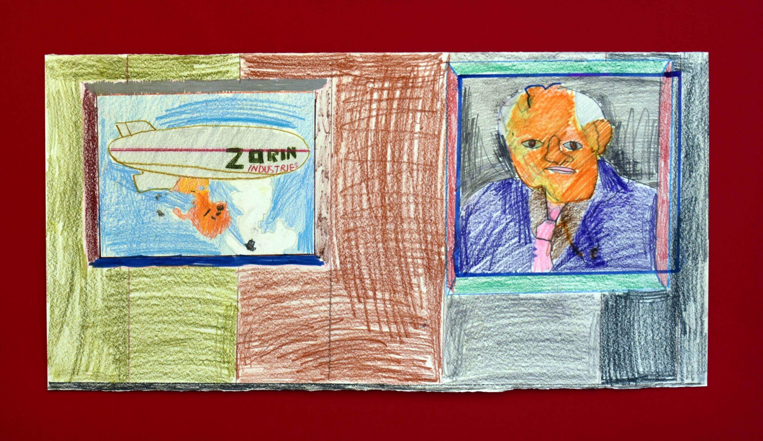 A small landscape drawing in coloured pencil with two squares picturing an aeroplane in flight and a balding man in a purple suit. Outside of the squares are vertical panels of colour.