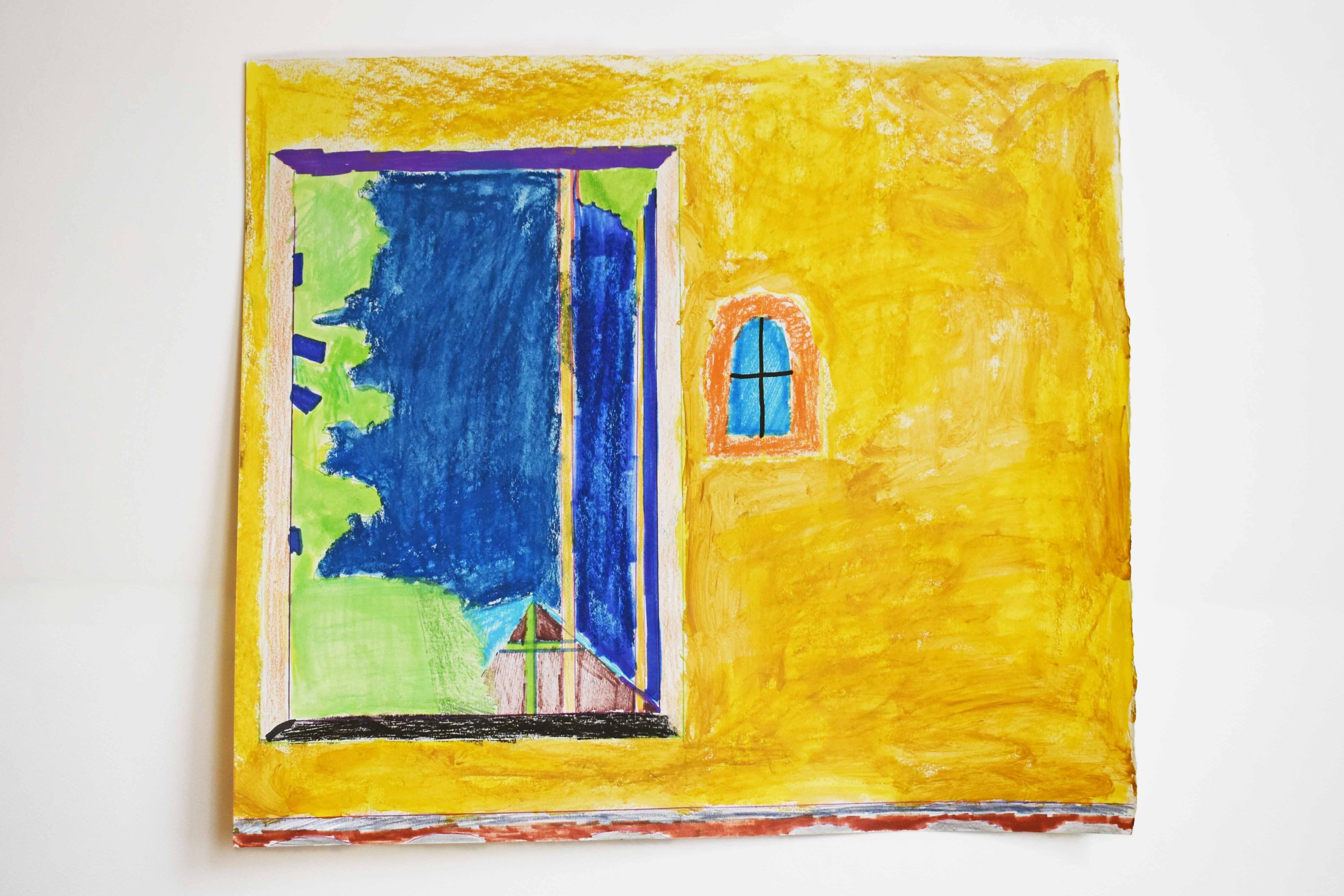 A small drawing in coloured pencil with two squares picturing windows and outdoors. Outside of the squares is yellow interior wall.
