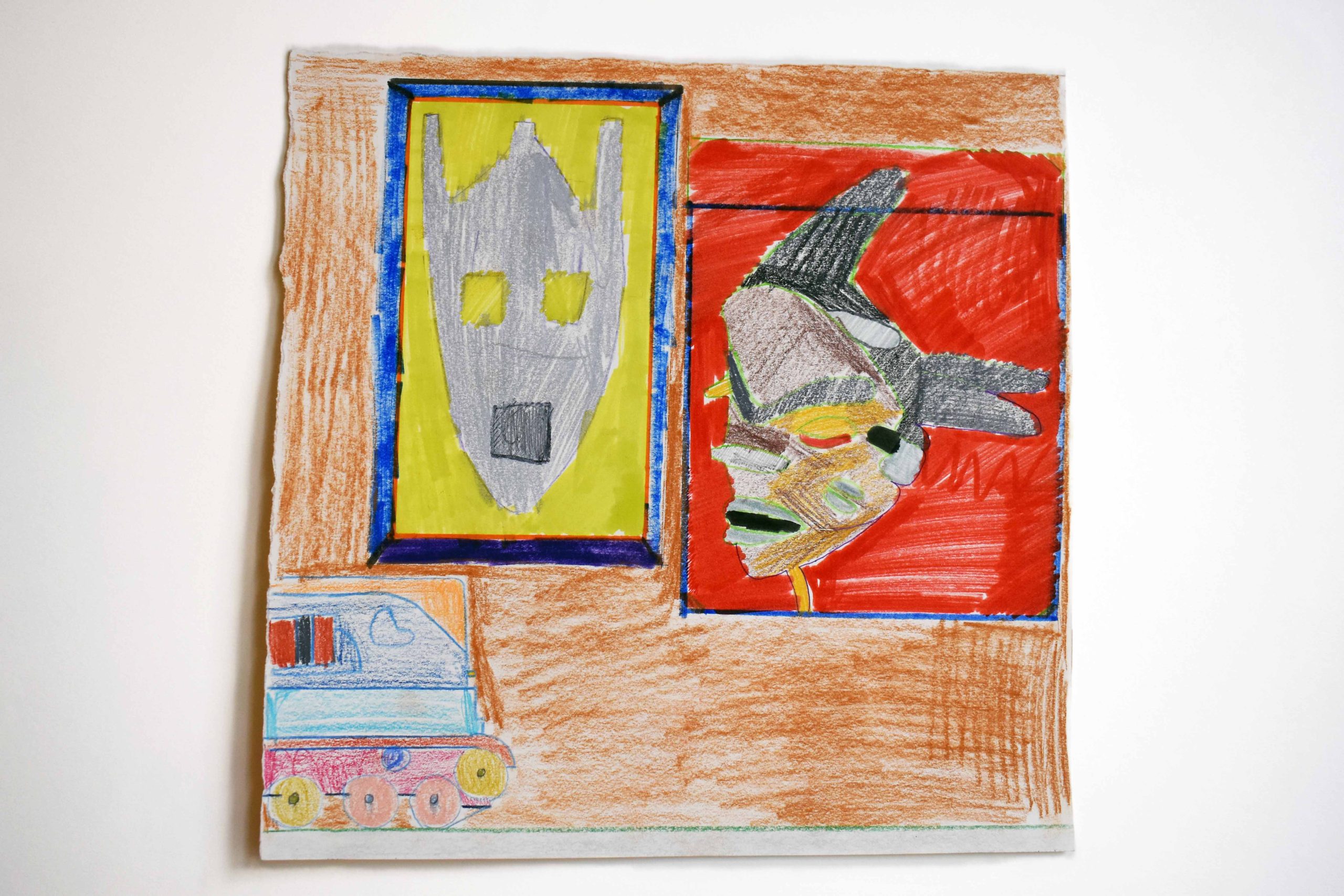 A small landscape drawing in coloured pencil with two squares picturing an abstract, masks. Outside of the squares is brown space and a small blue and pink army tank.