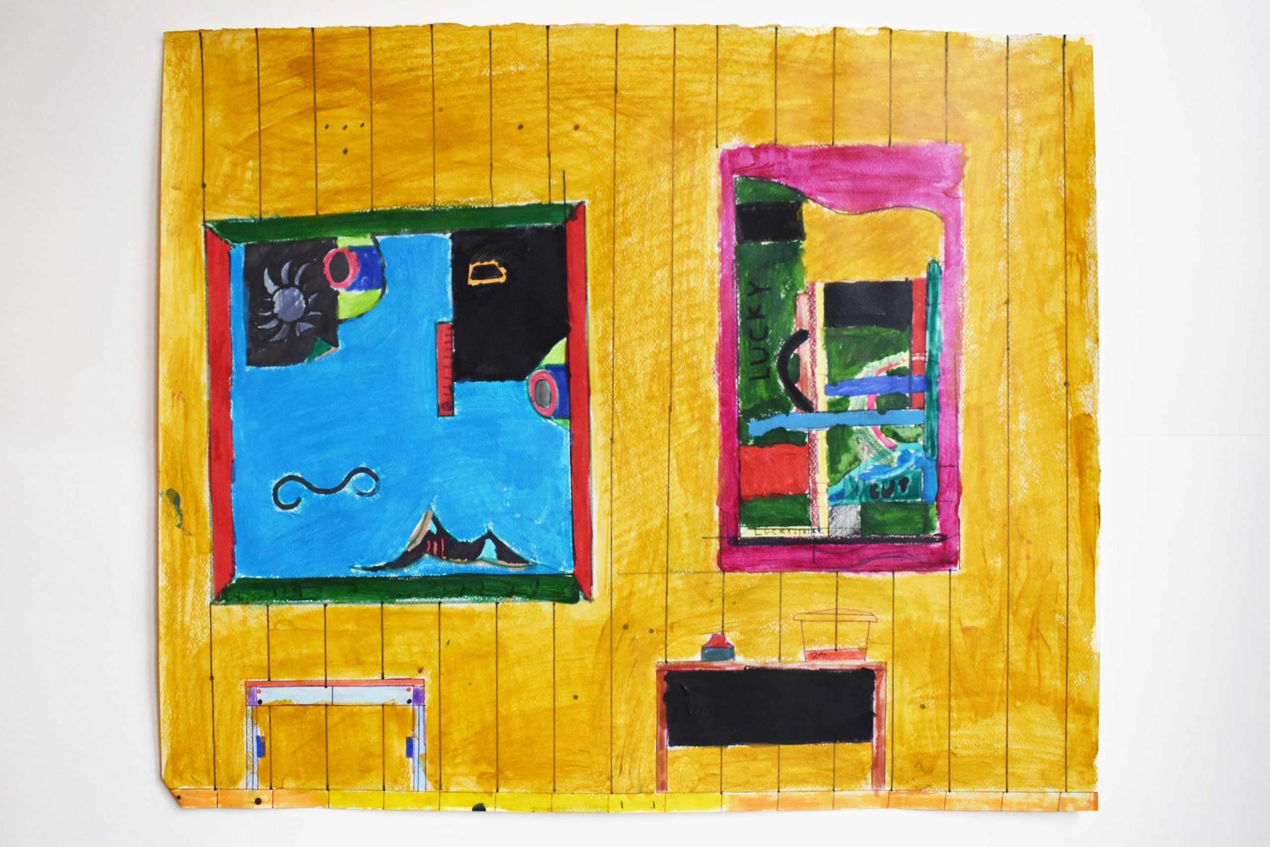 A small landscape drawing in coloured pencil with two squares picturing an abstract, cubist art. Outside of the squares is yellow interior wall and furniture.