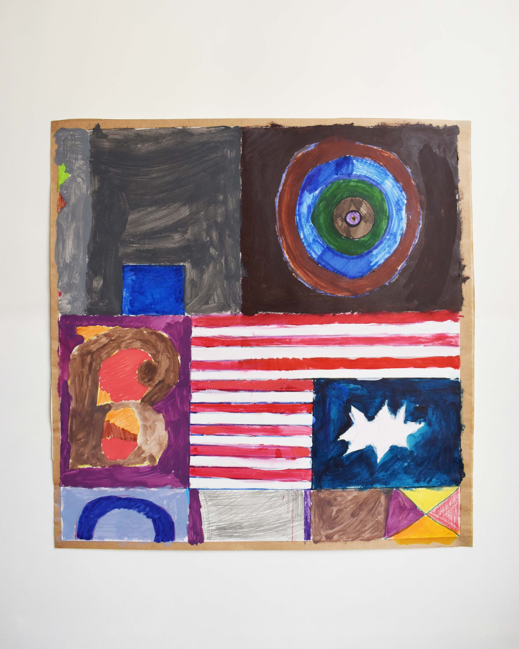 A small landscape drawing in coloured pencil with abstract shapes, an upside down american flag.