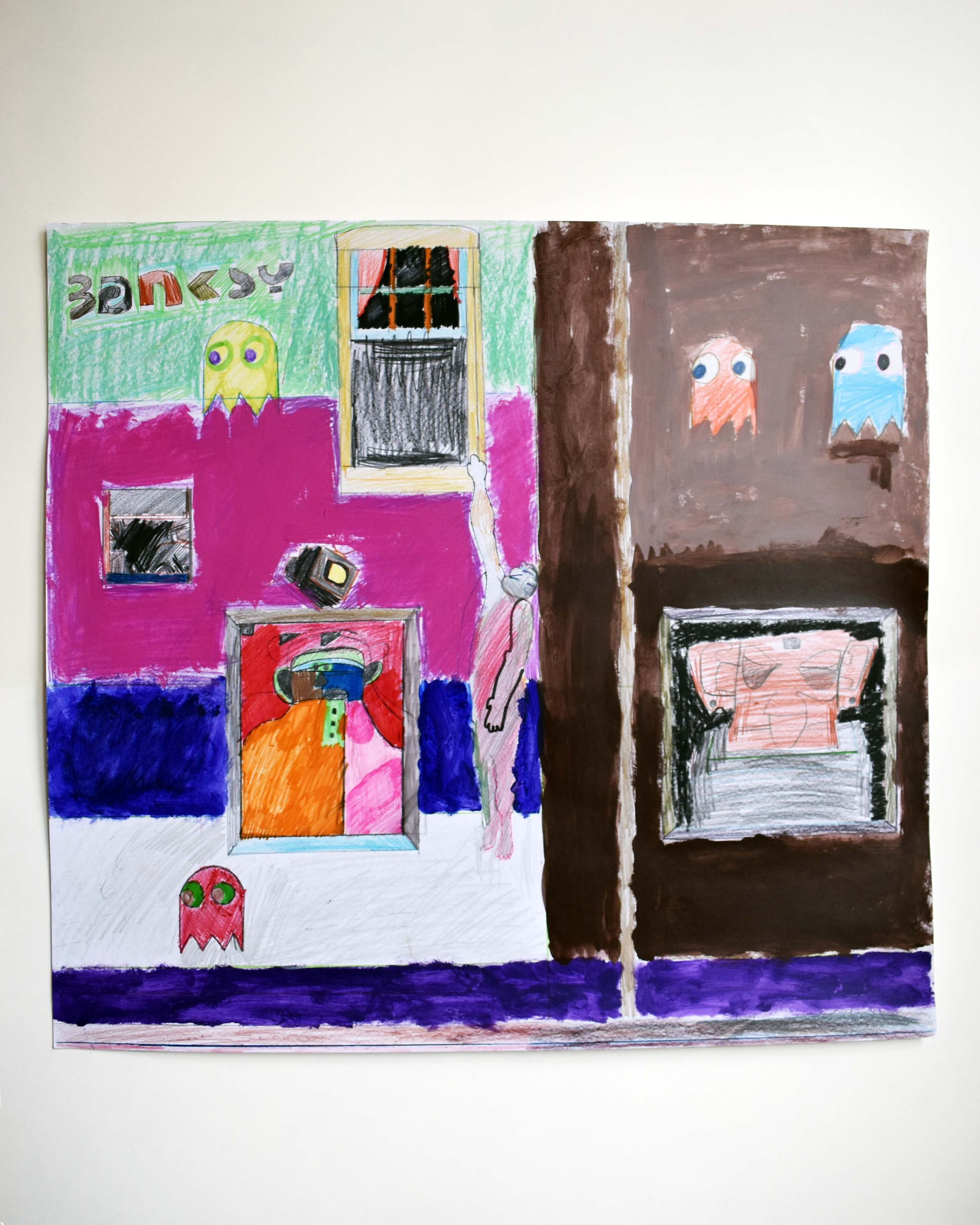 A surreal drawing in coloured pencil of pacman characters, floating surreal doors and shapes.
