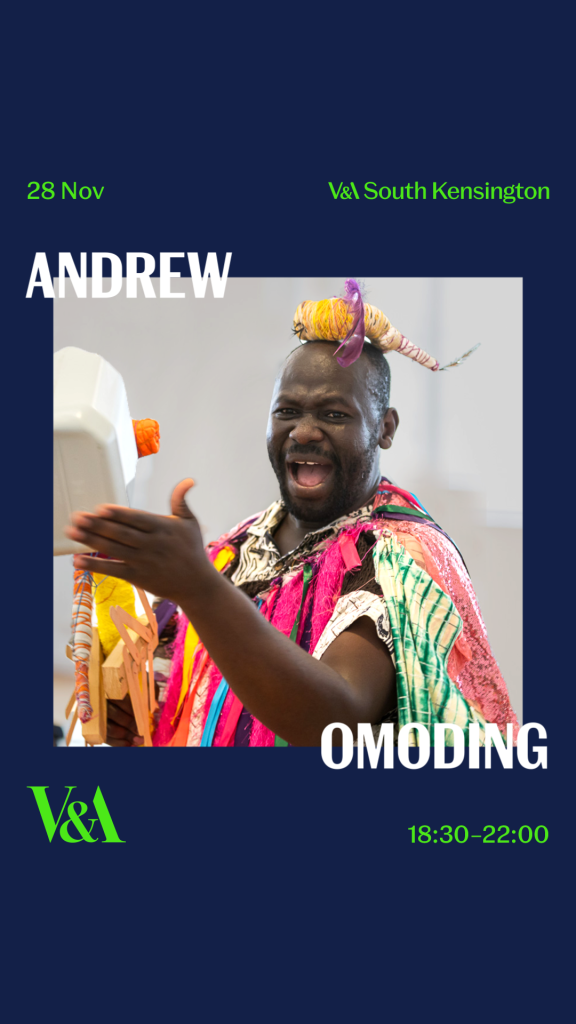 Artist Andrew Omoding leads impromptu parade banging his drum, dressed in his signature abstract, ghanian inspired costume. Image is surrounded by navy margin and white text 'Andrew Omoding'