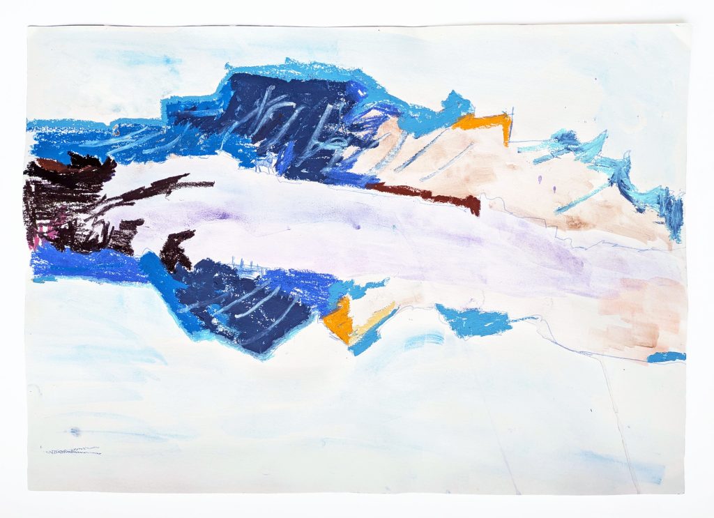 Abstract artwork in oil pastel of a snow mountain landscape in blues, browns, yellows and whites.