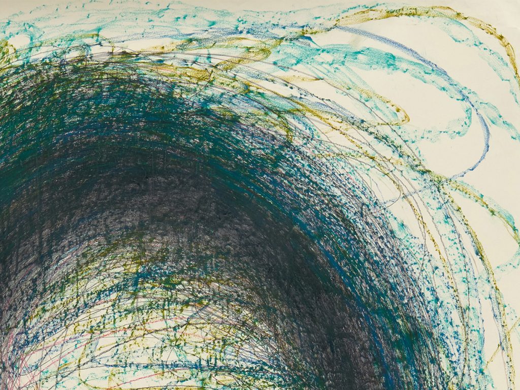 Intricate overlapping strokes in blue and yellow hues spiraling inward on a pale canvas.