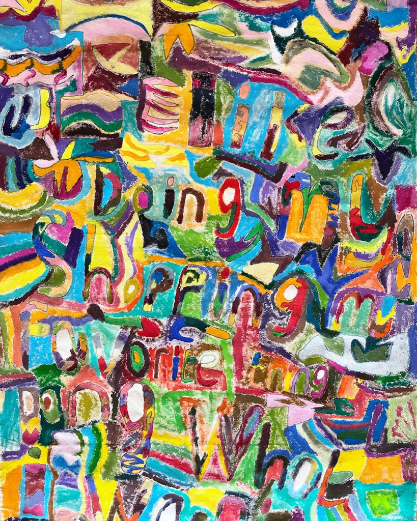 Colorful abstract painting featuring layered letters and shapes in vibrant hues of blue, yellow, red, and green creating a dynamic visual texture.