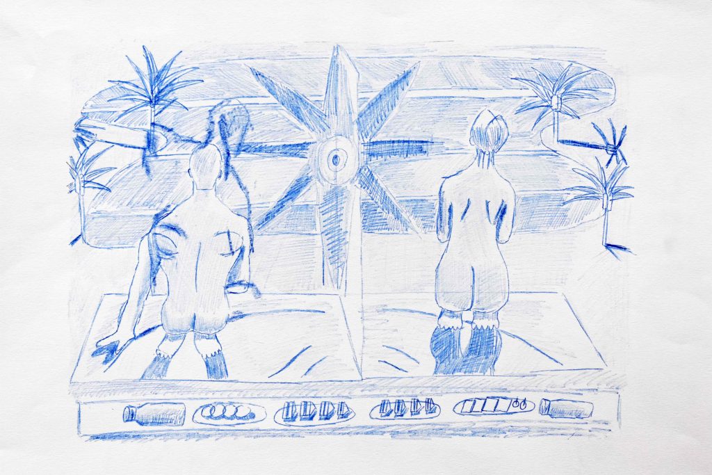 Sketch in blue pen of two unclothed individuals seated on a platform, gazing at a central star figure with plants on either side.